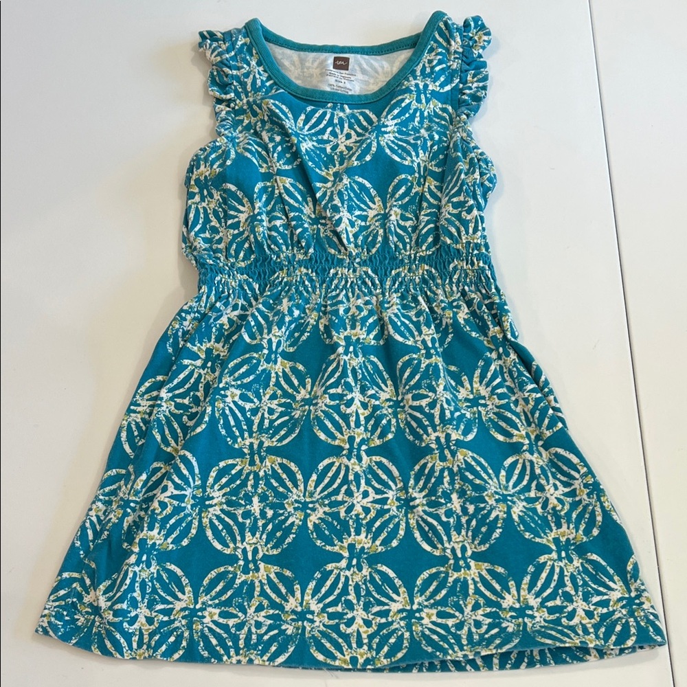 Tea - 2T, teal, green floral dress, 100% cotton
